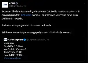 Erzurum Pasinler'de 4.5 Büyüklüğünde Deprem! AFAD Açıklaması