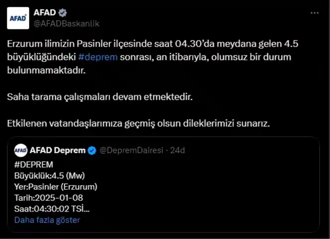 Erzurum Pasinler'de 4.5 Büyüklüğünde Deprem! AFAD Açıklaması